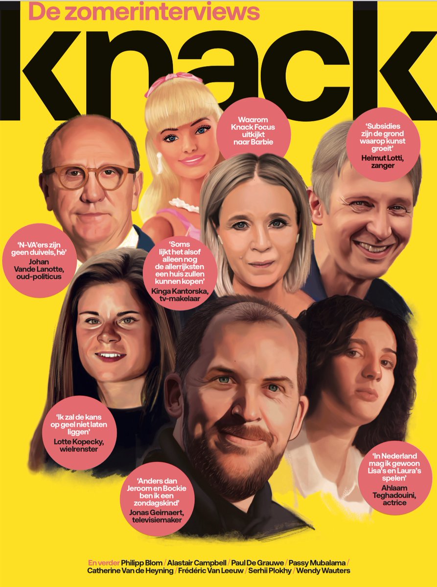 studio_caro's tweet image. Ik illustreerde portretten voor de zomercover van Knack 💛🖌️