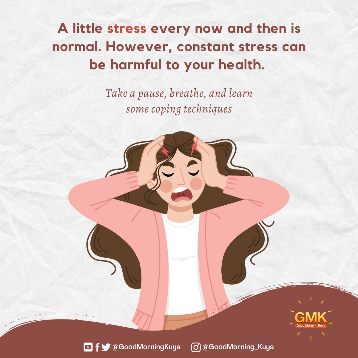 GoodMorningKuya's tweet photo. A little stress every now and then is normal. However, constant stress can be harmful to your health.  

Take a pause, breathe, and learn some coping techniques here: 👉 https://t.co/AavlijHpbp

Source: WHO Philippines https://t.co/SYs4on78bd