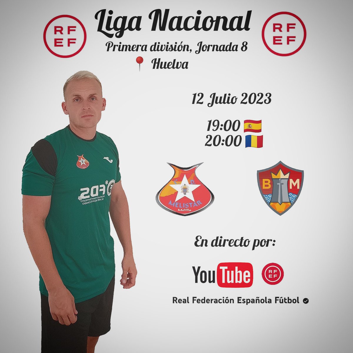 andreipaul_13's tweet photo. 🇪🇦LIGA NACIONAL ESPAÑOLA 🇪🇦
 1️⃣PRIMERA DIVISIÓN 1️⃣
JORNADA 8
📅 12 JULIO 2023
📌 CD MELISTAR MELILLA FP  vs Bahía Mazarrón BS 
⏰🇪🇦 19:00
⏰🇷🇴 20:00
🎦Directo: YouTube (enlace en mis historias) 
https://t.co/A5pLr4hdDJ

#ap13 #cdmelistarmelillafp #melistar #melilla #beachsoccer https://t.co/eJuyxhVSrR