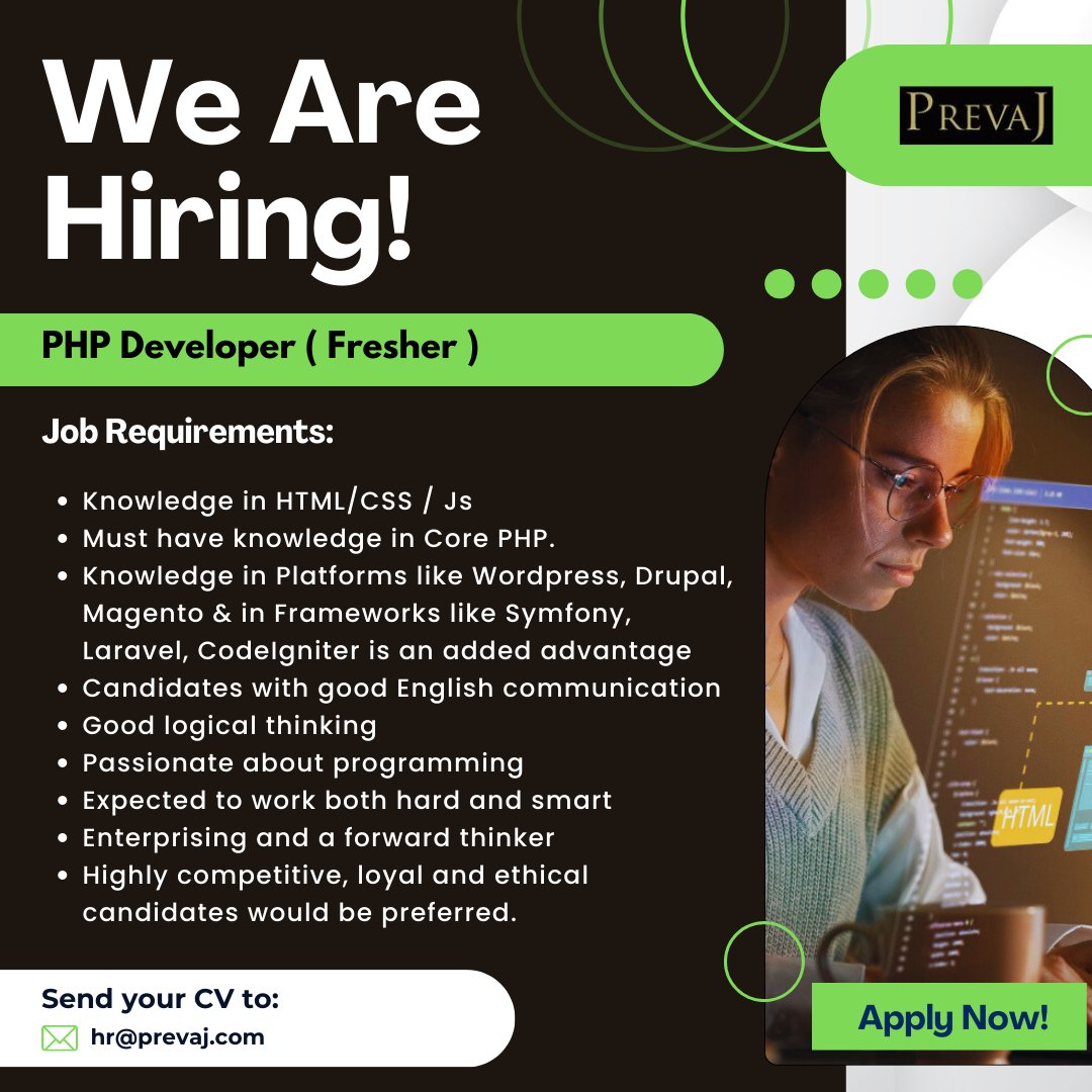 prevaj's tweet image. "Exciting Opportunity for PHP Developer (Fresher) Role! Join our dynamic team and kick-start your career in web development."
Apply Here: hr@prevaj.com
Our Website: prevajconsultants.com
#phpdevelopers #webdevelopmentjobs #fresherswelcome #html #css #javascript #corephp