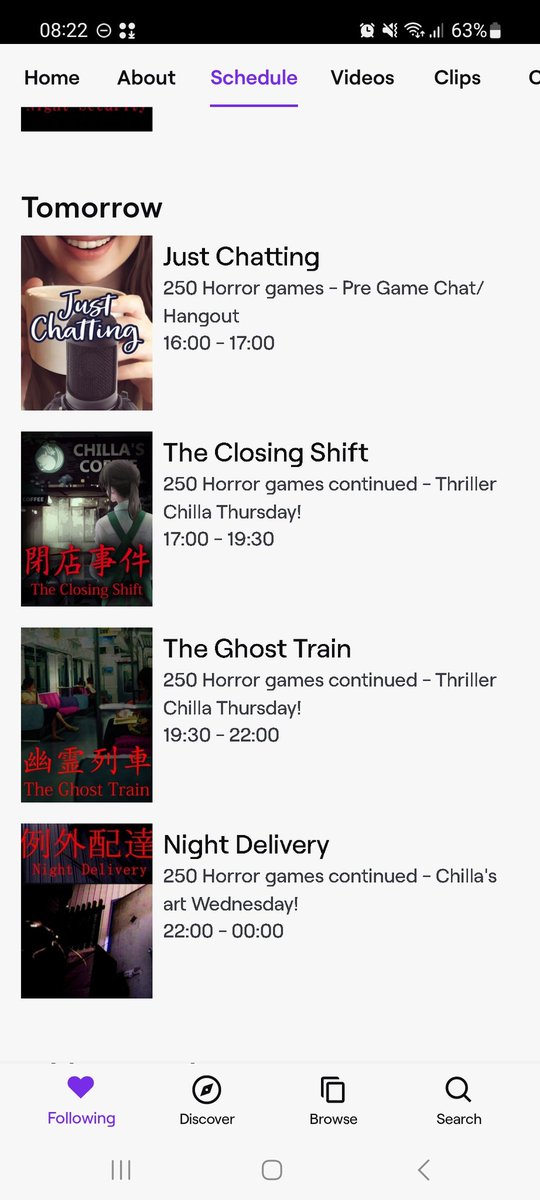 MalaxyStar's tweet photo. Planned schedule for the next 2 days for the horror games. 
Focusing on Chilla's art games!
The games may be swapped around on stream as I will be asking chat which one they would like to see me play in the moment. This was just a draft of if I could fit them in the times 😅😂😁 https://t.co/NHuw2qAKVA