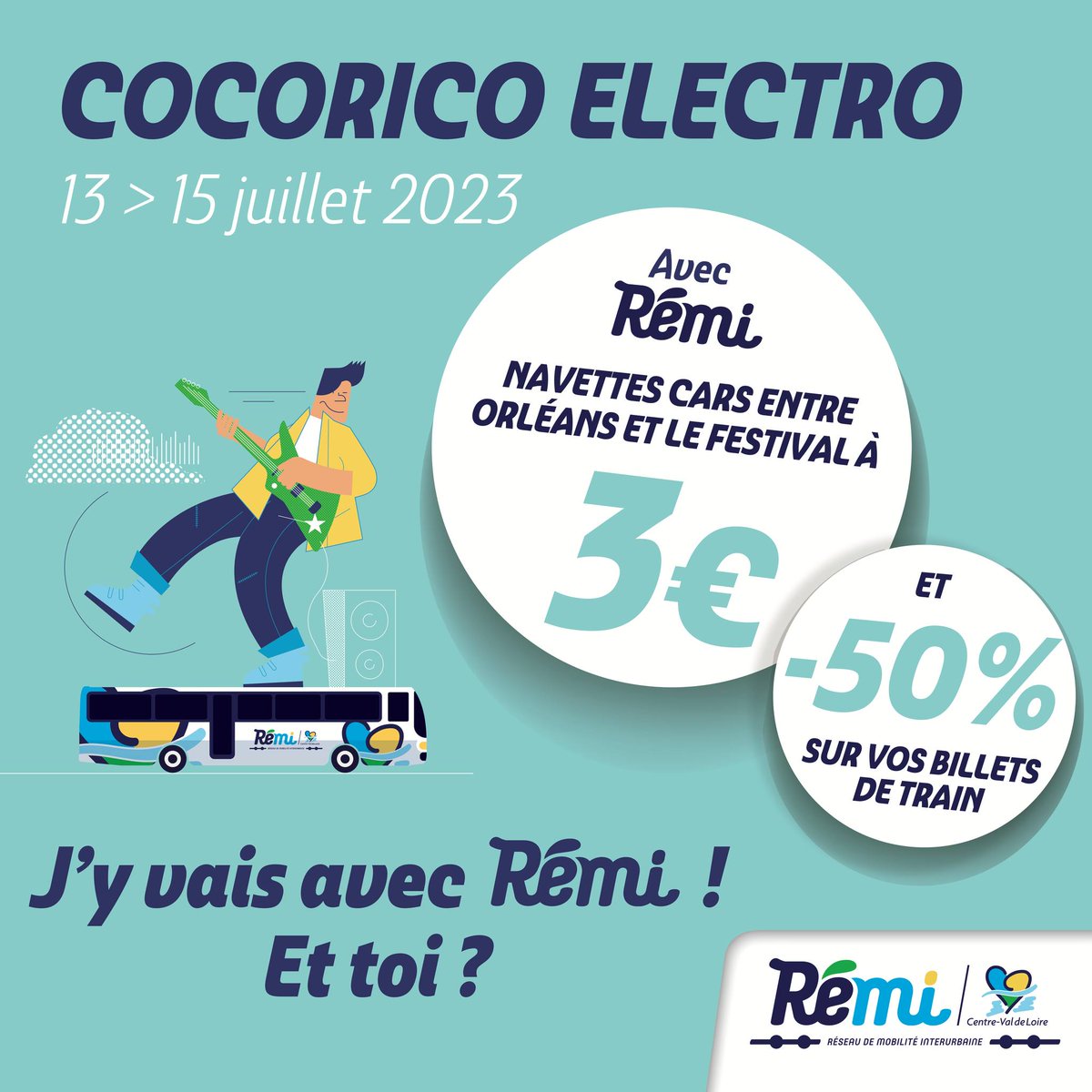 #Mobilité 💺
🎛️ Du 13 au 15 juillet, rejoignez le #festival <a href="/CocoricoElectro/">Cocorico Electro</a> grâce aux trains et cars Rémi 💙

👉 🚎 Navettes Orléans ↔️ la Ferté-Saint-Aubin : 3€
👉 🚆 -50% sur vos billets de train depuis le #CentreValdeLoire vers Orléans ou la Ferté

🔗 rcvl.fr/Remi-Coco