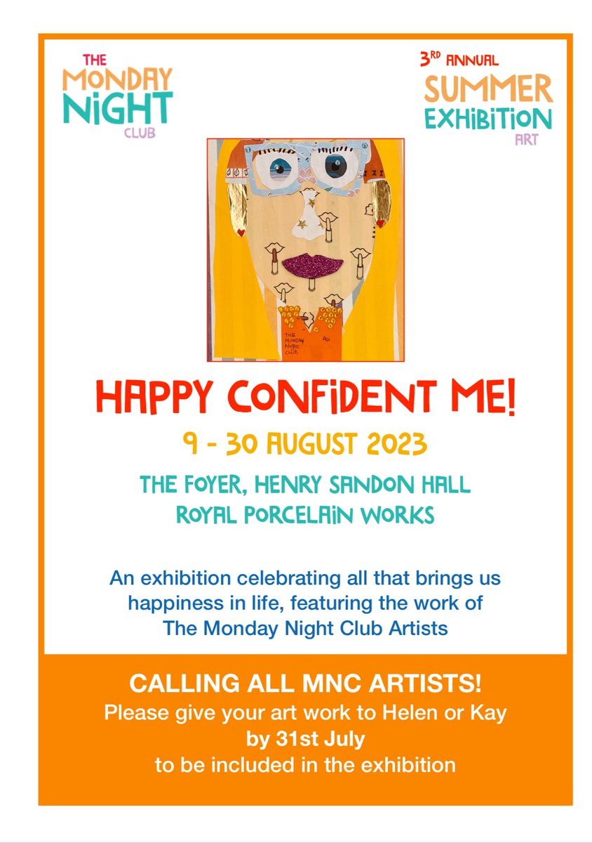 mondayniteclub1's tweet image. Our 3rd annual Summer Exhibition in The Foyer at Henry Sandon Hall @RPWWorcester 9-30 August
This year we celebrate ourselves and all that brings us happiness in life 😍
Submissions accepted from all #learningdisabled #artist and people with #autism in #worcestershire
@TNLComFund