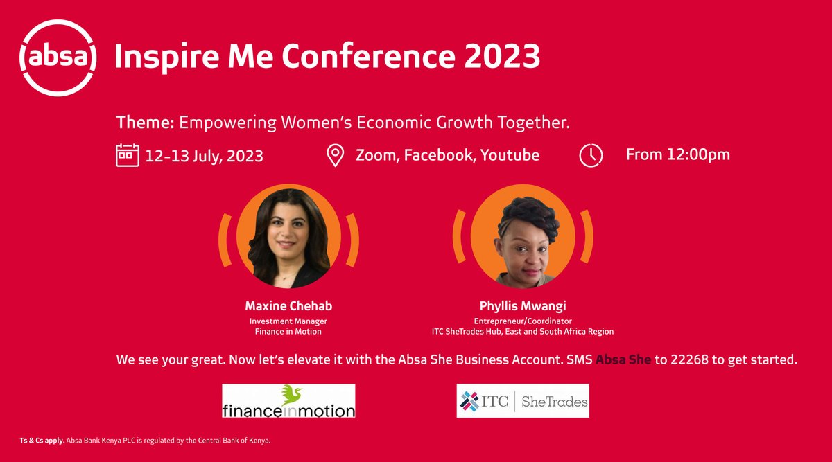 AbsaKenya's tweet photo. It's D-Day! Join us from 12 pm on our Facebook and Youtube platforms for the highly anticipated #InspireMe2023Conference.
#ElevateYourGreat
#WomenInBusiness
#AbsaSheAccount https://t.co/TJn6z257zc