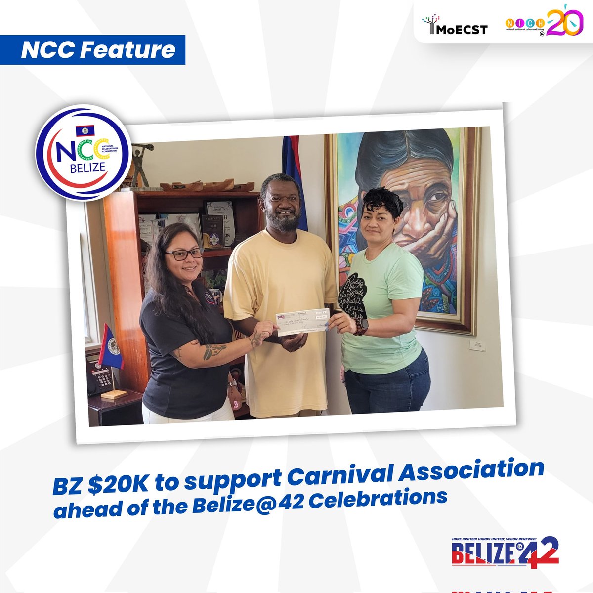 belizemoest's tweet photo. Today, the National Celebrations Commission was pleased to hand over a cheque for a sum of BZ $20,000 to the Belize Carnival Association in support the work of preparing and planning for the 2023 Carnival Road March and mas camps.
#BelizeAt42 #NCCBelize #NICH #YourMoECST https://t.co/RhpF6lCLvK