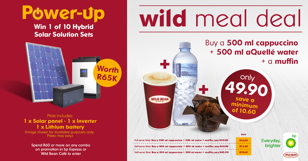 bp_SouthAfrica's tweet photo. See in-store for details or enter online at https://t.co/HHTjA5CS9g
The promotion runs until 31 August. T&Cs apply.
#PowerUpwithbp #WildMealDeal #bpexpress #WildBeanCafe #EverydayJourneys https://t.co/TwHzH6WAEK