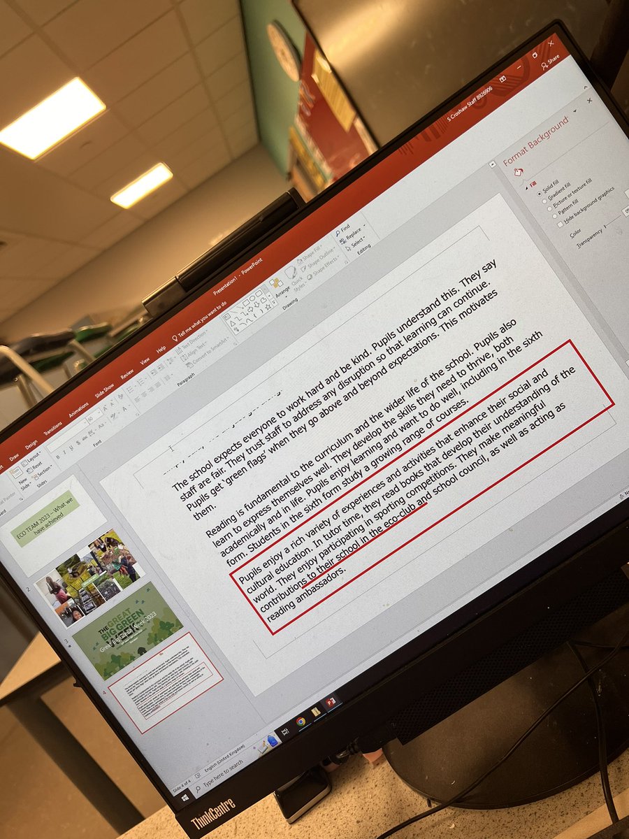 It’s the last eco team meeting of the academic year😢🥹😫☹️!! I’m compiling a few things to show them how much they’ve achieved. That red box makes me so happy I could burst, when ofsted note your kids contributions to your school you know you’re doing it right ✌🏻eco forever 🌎💚