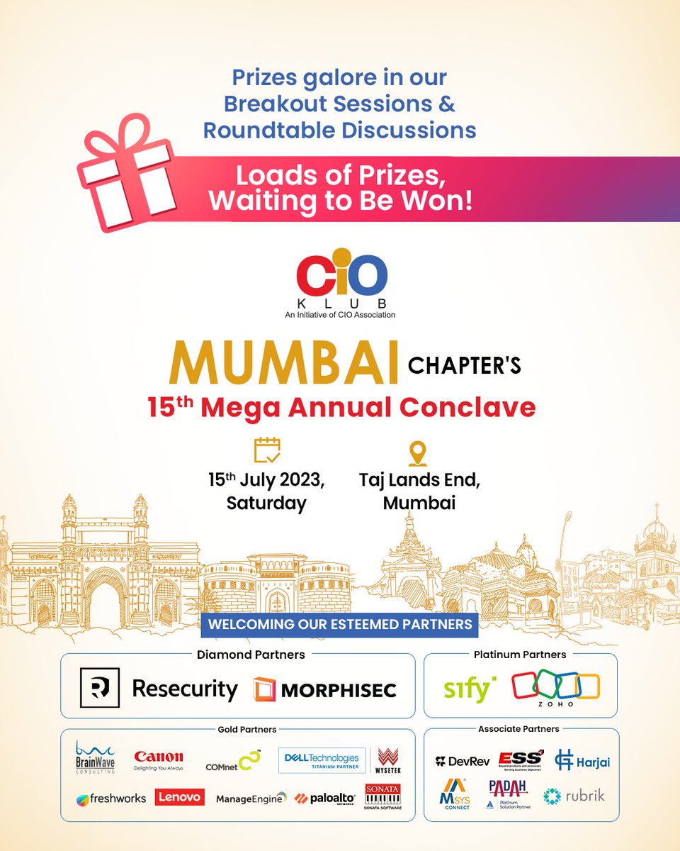 CIOAssociation's tweet image. Get ready for an exciting lineup of breakout sessions &amp;amp; roundtable discussions at the 15th Mega Annual Conclave of CIO Klub #MumbaiChapter. Also, we're taking it a notch further with an abundance of #prizes waiting to be won. 
Explore the valuable business insights &amp;amp; win prizes!