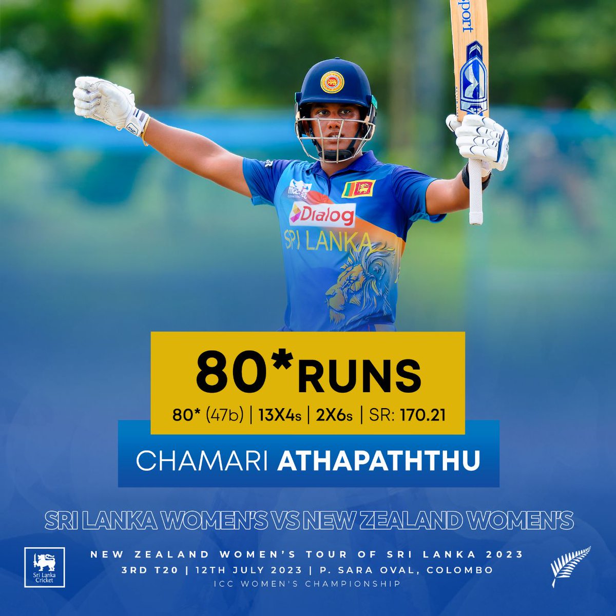 Chamari Athapaththu smashes 80 runs off 47 balls, including a mind-blowing fifty off just 25 balls, setting a new record as the fastest fifty by a Sri Lankan! 💥🔥

#LionessRoar #SLvNZ