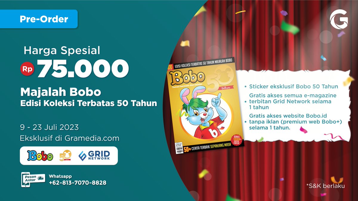 gramediadotcom's tweet photo. 📢 Majalah Bobo Edisi 50th Hadir Kembali~  

Dapatkan harga spesial Majalah Bobo edisi 50 Tahun khusus untuk kamu yang ikutan pre-ordernya mulai hari ini. Nggak cuma itu, ada tambahan bonus Sticker Eksklusif juga, lho! 🥳

Buruan serbu sekarang hanya di: https://t.co/F1Dacb6pOb https://t.co/dIkyveIja5