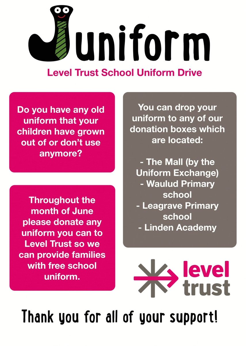 Level Trust (@leveltrust) on Twitter photo There is still time to donate to our school uniform recycling campaign.
Information is available on the flyer.
You can also contact us on 01582 550070 or email admin@leveltrust.org There is still time to donate to our school uniform recycling campaign.
Information is available on the flyer.
You can also contact us on 01582 550070 or email admin@leveltrust.org