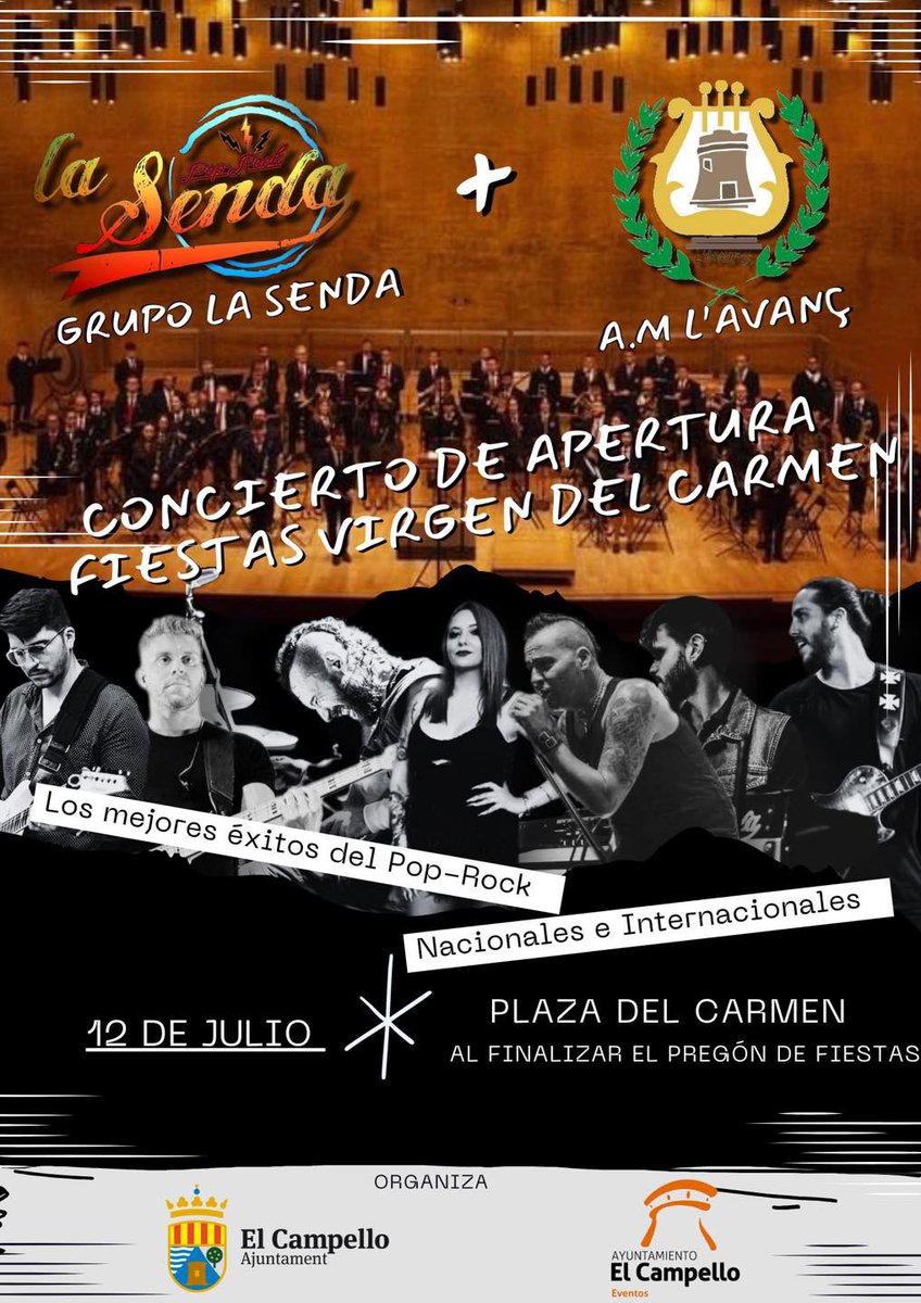 Miércoles 12 de julio 🌌
22.15 horas
Plaza del Carmen #ElCampello 
-Gran Gala de Inicio de las Fiestas: ⚓️🌊
-A continuación, concierto inaugural de la Orquesta Grupo La Senda con acompañamiento de la Associació Musical L'Avanç a cargo de la Concejalía de Eventos <a href="/MnavarroPerez/">marisa navarro perez</a>