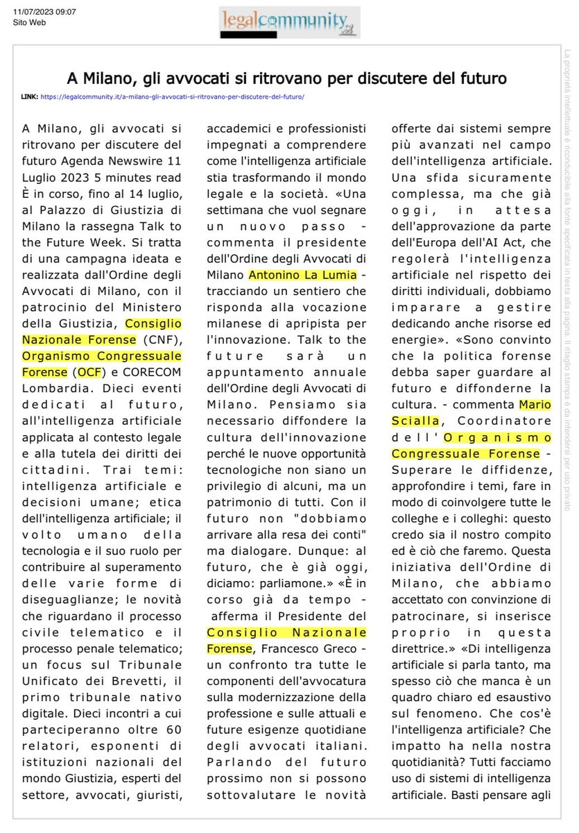 ocforganismo's tweet photo. 🔵A Milano, gli avvocati si ritrovano per discutere del futuro.

📌Questo il titolo dell’articolo pubblicato da “Legal Communiy”, ieri 11/07/2023.

@legal_community 

#ocf #ocforganismo #nordio #giustizia #avvocatura #intelligenzaartificiale #milano #12luglio #talktothefuture https://t.co/pNm7JOYs0V