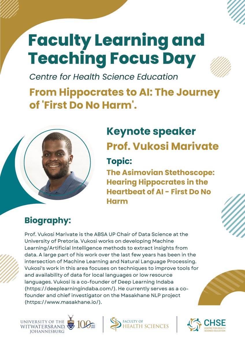 We are pleased to announce our Keynote speaker for the CHSE Learning and Teaching Focus Day will be Prof Vukosi Marivate. 
Our Focus Day is the 19th of July, 8H30 to 16H30. 
Sign up here: lnkd.in/e_BQ6Zjj