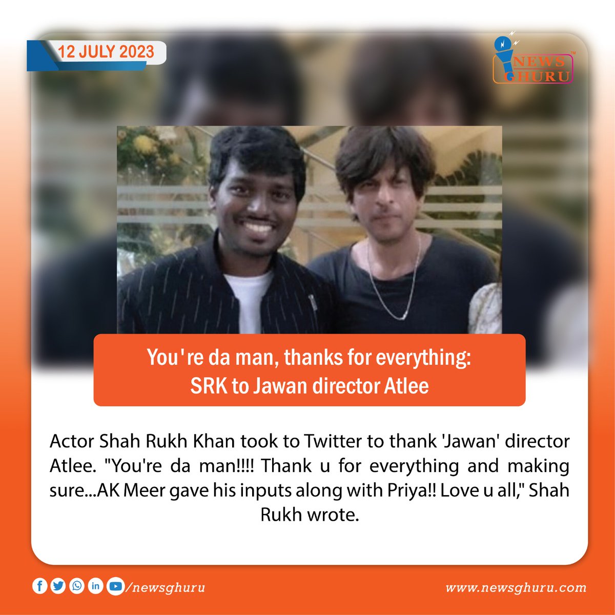 You're da man, thanks for everything: SRK to Jawan director Atlee
#news #covid #india #instagram #love #follow #media #like #breakingnews #trending #viral #music #instagood #politics #coronavirus #noticias #fashion #usa #memes #tv #football #new #bhfyp #sports #business https://t.co/LpxHV8Q3xk