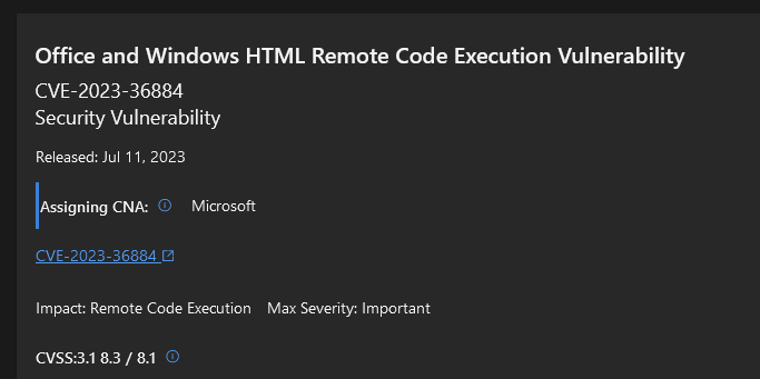 r00tbsd's tweet image. If you missed it yesterday, Microsoft released an advisory concerning the CVE-2023-36884: msrc.microsoft.com/update-guide/v…. This RCE is currently used by a TA and there is no patch. You should apply the mitigation described in the advisory. 
1/4