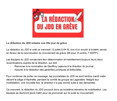 AnciensDuJDD's tweet photo. La rédaction du JDD entame son 20ème jour de grève. La rédaction a voté à 94% en faveur de la reconduction du mouvement. ⤵️ https://t.co/9ywslM4Ui4