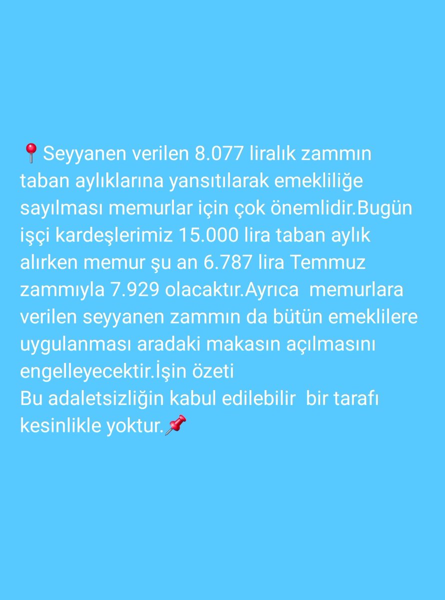 📌İşçiye Ocak zammı taban aylık 15 bin  +%45
Temmuzda %15 zam
📌 Emekli Vekile katsayı güncellemesi ile 14 bin Seyanen zam emekliliğe yansıması 
📌 Memura %17.5
8 bin Seyanen emeklilik yansıtılmıyor 15 temmuzda
📌 Emeklisine %25
#TBMMdeEmekliZAManı
#MeclistenMemuraRevizyon