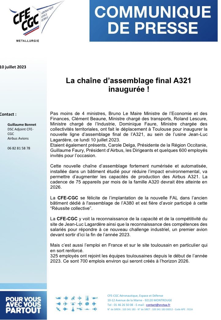 𝗜𝗻𝗮𝘂𝗴𝘂𝗿𝗮𝘁𝗶𝗼𝗻 𝗱𝗲 𝗹𝗮 𝗰𝗵𝗮𝗶̂𝗻𝗲 𝗱’𝗮𝘀𝘀𝗲𝗺𝗯𝗹𝗮𝗴𝗲 𝗳𝗶𝗻𝗮𝗹 𝗔𝟯𝟮𝟭 !
La #CFECGC se félicite de l’implantation de la nouvelle FAL dans l’ancien bâtiment dédié à l'assemblage de l’A380 et est fière d’avoir participé à cette “Réussite collective”.