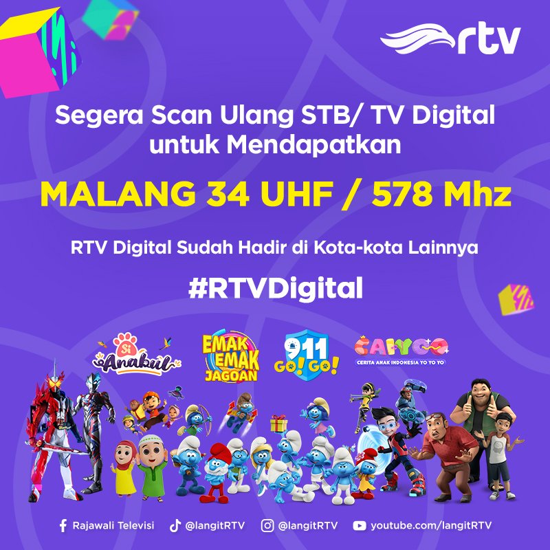 langitRTV's tweet photo. Buat kamu yang tinggal di Malang dan area sekitarnya, yuk segera scan ulang Set Top Box/TV Digital untuk mendapatkan siaran digital: 

𝟯𝟰 𝗨𝗛𝗙/ 𝟱𝟳𝟴 𝗠𝗛𝘇

RTV Digital sudah hadir di kota-kota lainnya

#RTVDIGITAL #RTVDigitalMalang #RTVMalang #ASO #AnalogSwitchOff #RTV https://t.co/NIlpSO1YA9