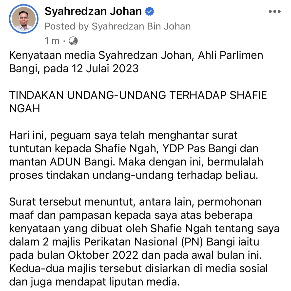 syahredzan's tweet image. Tindakan undang-undang terhadap Shafie Ngah, YDP Pas Bangi