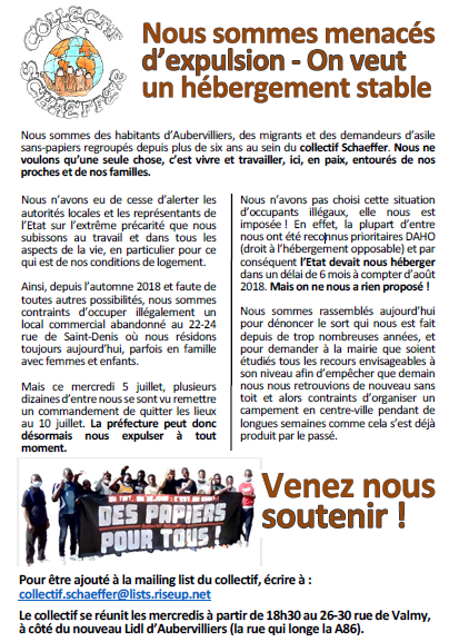 📢Les membres du collectif Schaeffer sont menacés d’expulsion sans qu’aucune proposition de relogement ne leur soit faite. #SeLogerNestPasUnCrime

📆Nouveau rassemblement devant la mairie d’Aubervilliers ce jeudi 13 juillet à partir de 8h

👉Venez nombreux pour les soutenir !