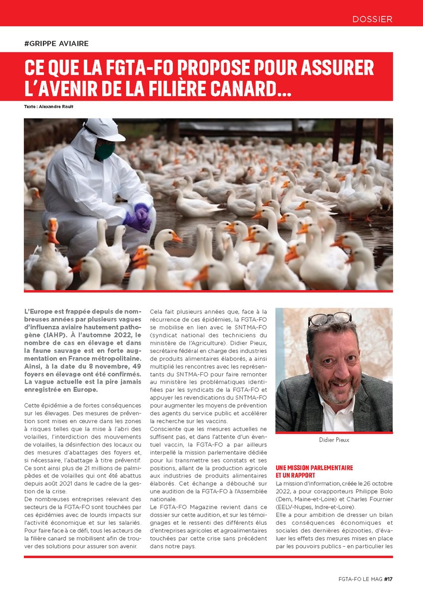 fgtaFO's tweet photo. Ce que la FGTA-FO propose pour assurer l'avenir de la filière canard
Retrouvez le dossier du FGTA-FO Magazine n°126 consacré à la grippe aviaire.
#grippeaviaire #agroalimentaire @euralisgroupe #SandersNutrition #labeyrie @Agri_Gouv @MFesneau @SouillotFo @lama_cyrille @dipieux https://t.co/kWCPeJy5ET