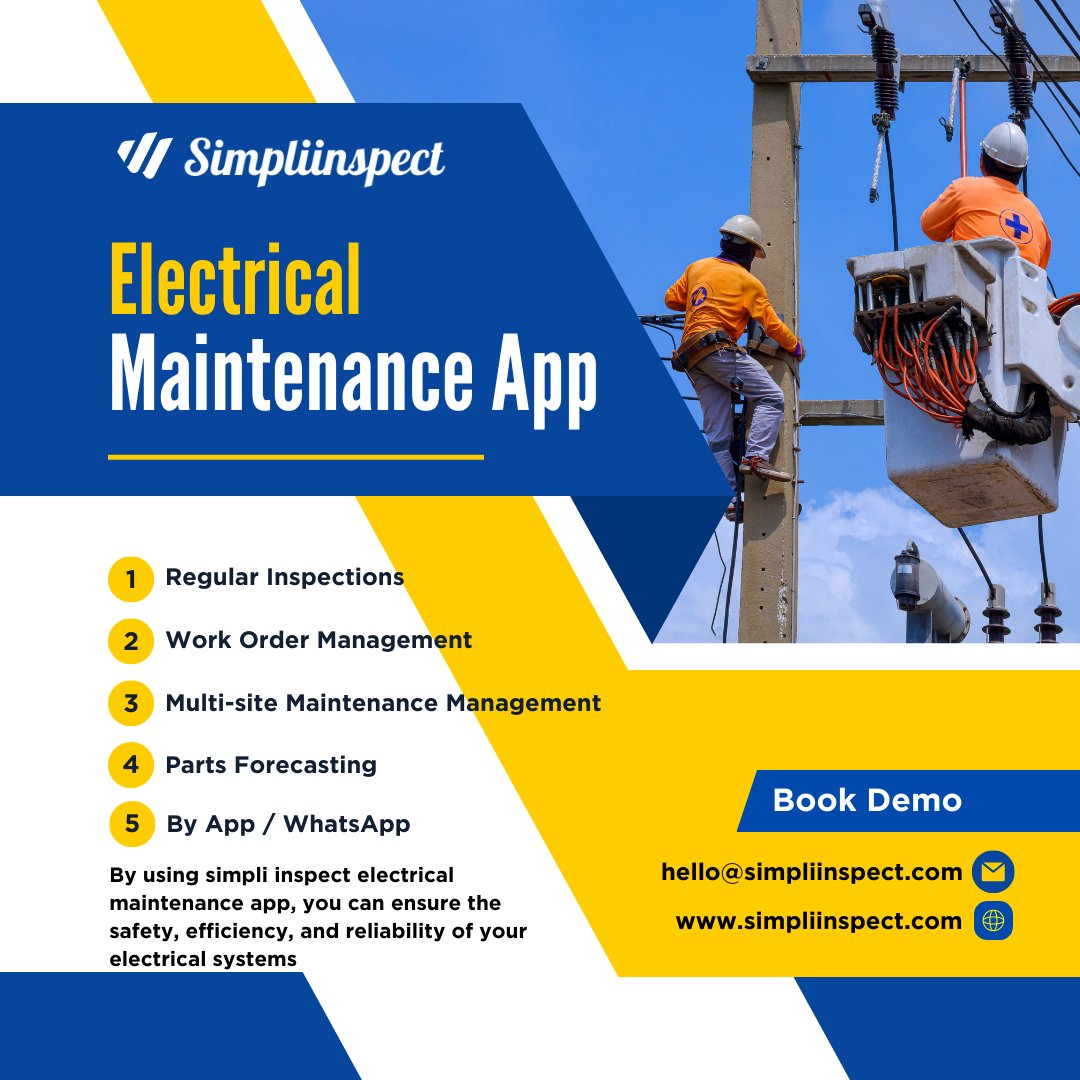 simpliinspect's tweet photo. Simpliinspect Electrical Maintenance App supports and documents electrical maintenance tasks. The basic features include work order management, preventive maintenance scheduling, inventory control, safety documentation, asset management, parts forecasting and multisite management https://t.co/7omQHFniwi