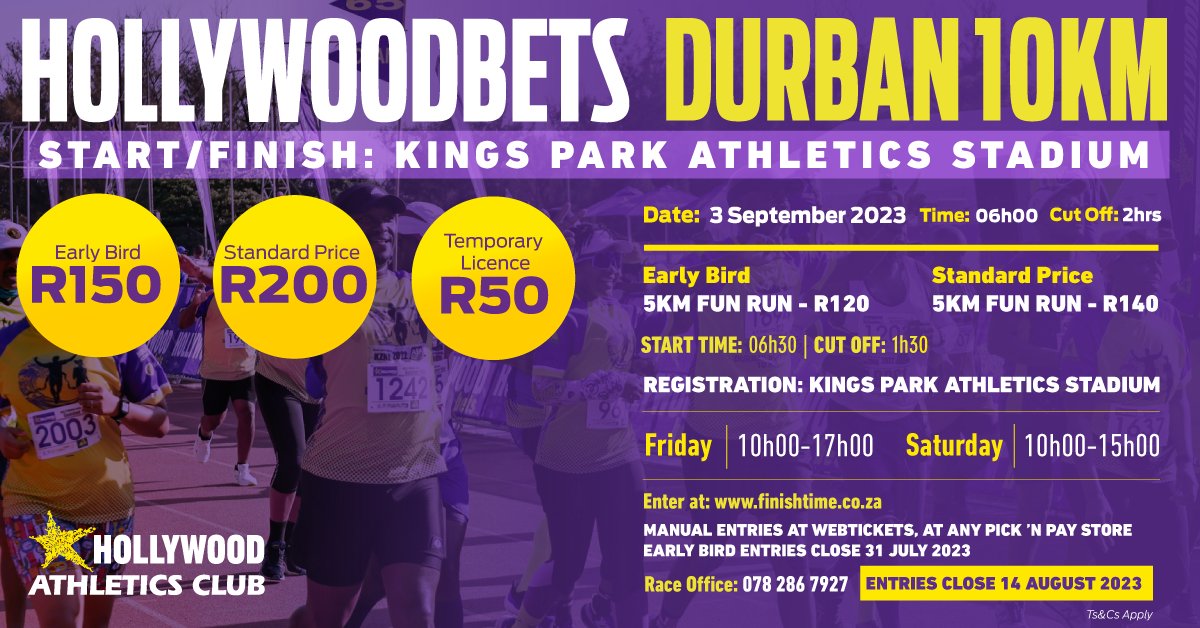 Lace up your running shoes, and join us for the <a href="/Hollywoodbets/">Hollywoodbets</a> Durban 10km!!!💜🥳

📅- 03 September 2023
⏱- 06:00 | Cut off: 2 hours
🏟- Kings Park Athletics Stadium

Get your tickets from Webtickets, at your nearest Pick 'n Pay store or simply click on the link below
