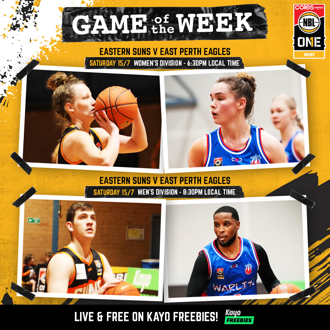 𝐑𝐨𝐮𝐧𝐝 𝟏𝟔 𝐆𝐚𝐦𝐞 𝐨𝐟 𝐭𝐡𝐞 𝐖𝐞𝐞𝐤 🏀

Saturday night is the night!

🆚 Eastern Suns v East Perth Eagles
🗓️ Saturday 15 July
⛹️‍♀️ Women / 6:30PM AWST
⛹️‍♂️ Men / 8:30PM AWST

📺 Catch all the action LIVE and FREE on Kayo Freebies

#nbl1west