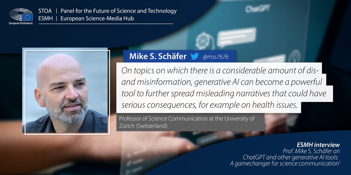 #ChatGPT &amp; other generative #AI tools: "A gamechanger for #science communication"

👉Interview Prof. Mike Schäfer <a href="/mss7676/">Mike S. Schäfer</a>: wp.me/panTdn-3tY

<a href="/Twonic/">Monica Hoyos Flight</a> <a href="/UZH_en/">University of Zurich</a> #ESMH #scicomm <a href="/IvoHristovMEP/">Ivo Hristov</a>