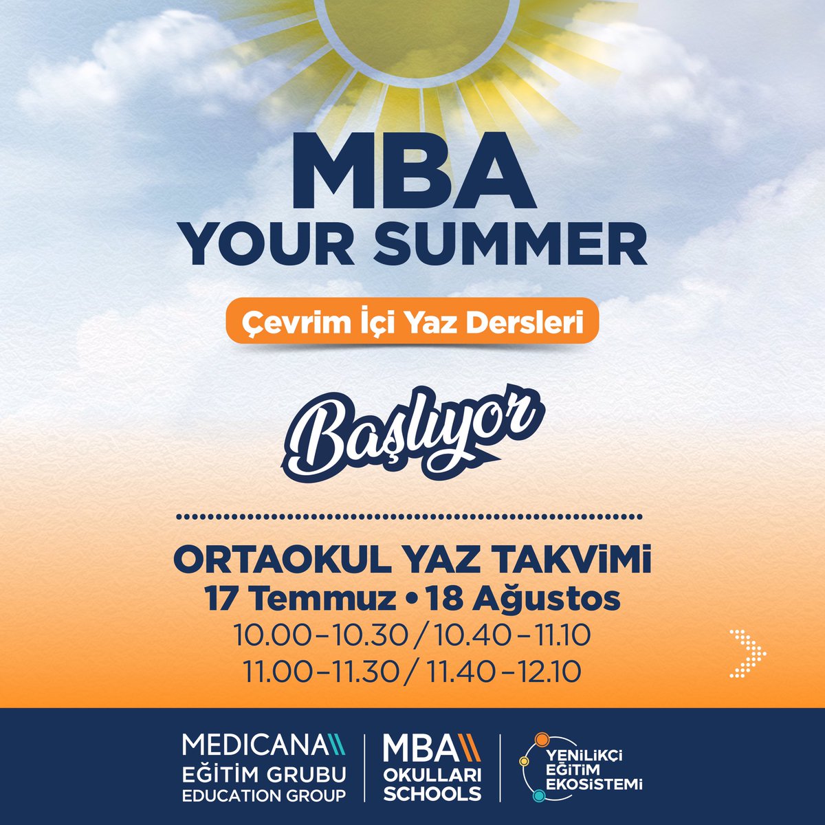 Ortaokul öğrencileri için MBA Your Summer Çevrim İçi Yaz Dersleri 17 Temmuz'da başlıyor.
Anaokulundan liseye tüm kademe ve sınıf grupları için hazırlanan çevrim içi yaz derslerine kayıt için mbaokullari.k12.tr/cevrimici-yaz-… linkinden ya da profildeki linkten başvuru yapabilirsiniz.
