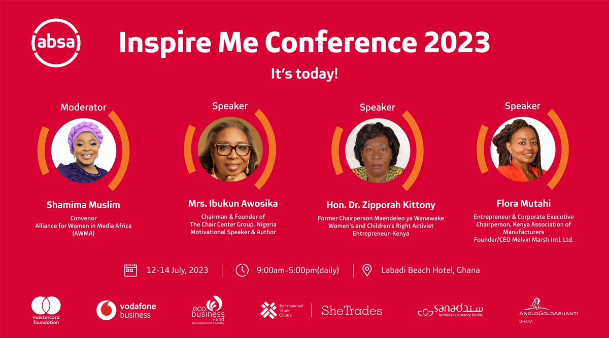 AbsaGhana's tweet photo. Today's the day! The Inspire Me Conference begins! Join us and other trailblazing female entrepreneurs at the Labadi Beach Hotel or online via Zoom, Facebook, YouTube, or Microsoft Teams from 9am to 5pm today through Friday. https://t.co/61eKnr3Xfn