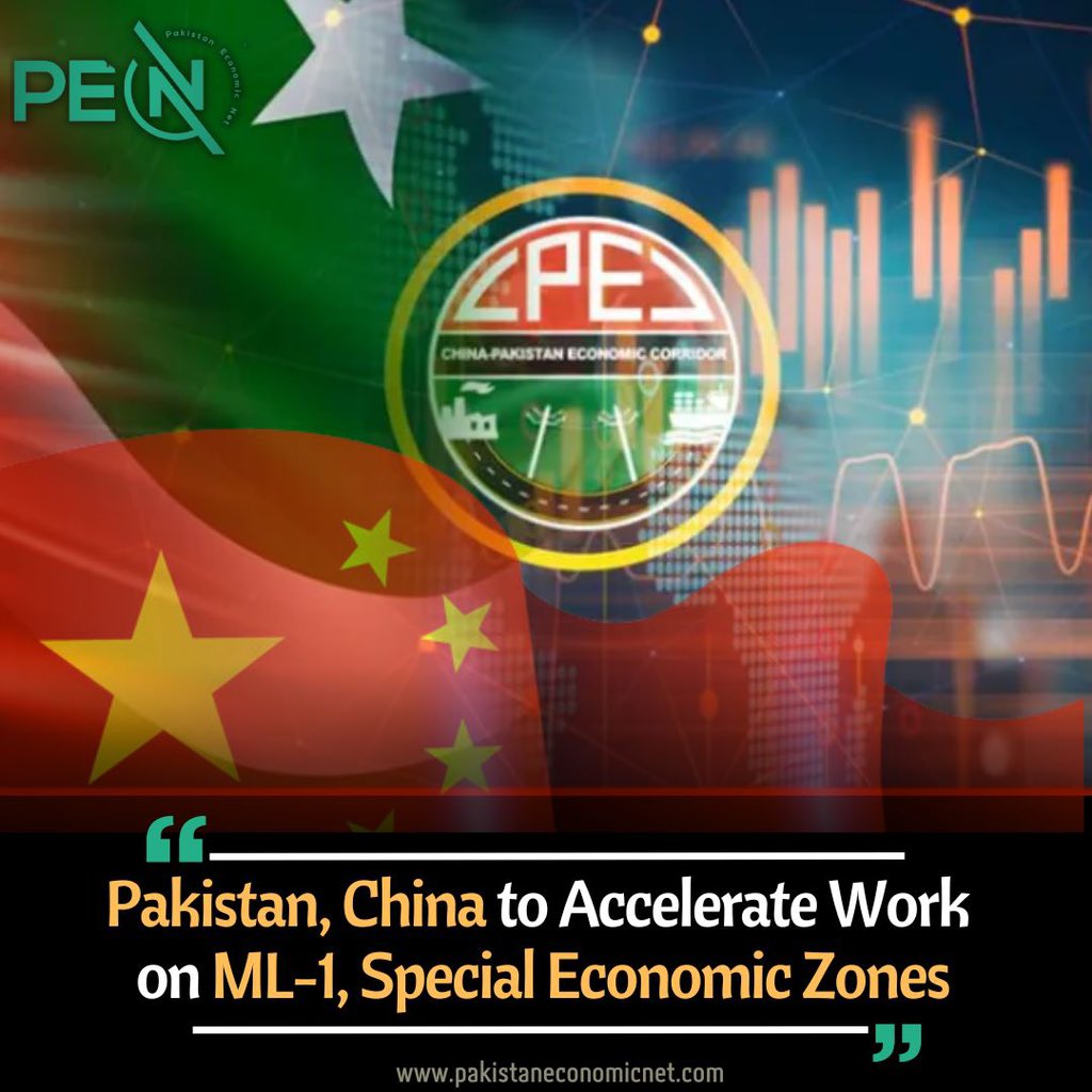 Pakistan and China have agreed to accelerate the progress of the ML-1 railway and SEZs projects, signaling their determination to revive the stalled CPEC.
Read full story 
pakistaneconomicnet.com/story/94138/

<a href="/zhang_heqing/">Zhang Heqing</a> <a href="/CathayPak/">Chinese Emb Pakistan</a> 
#10yearsofcpec #CPEC
