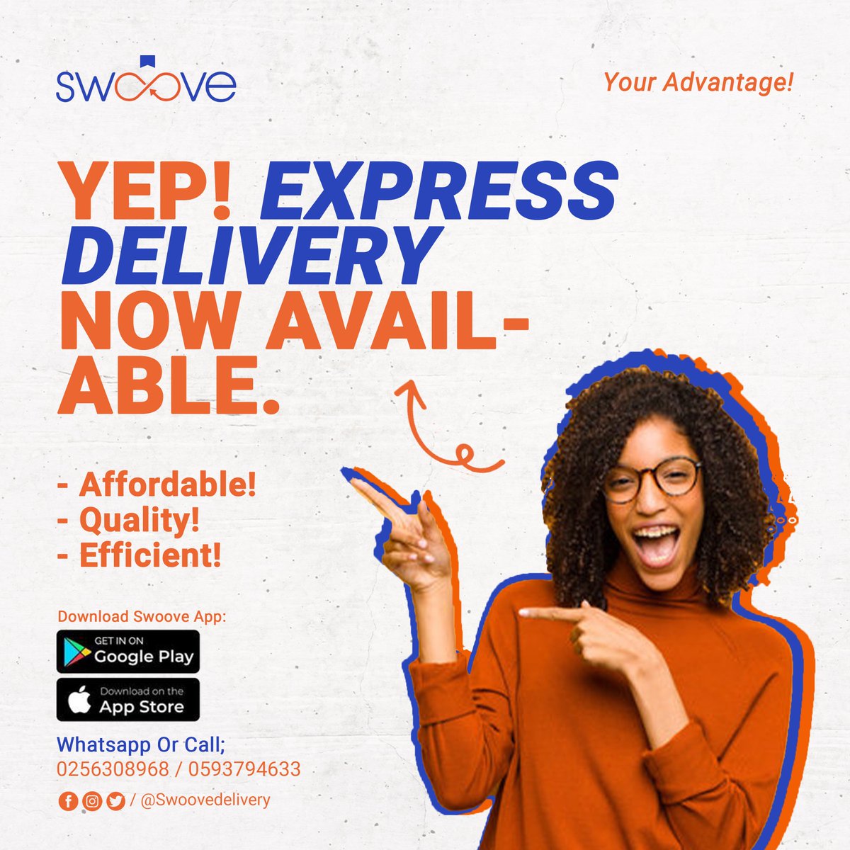 For all your important documents, parcels or any package that needs to be delivered asap. Hit us up fast.

Swoove: Your Advantage!