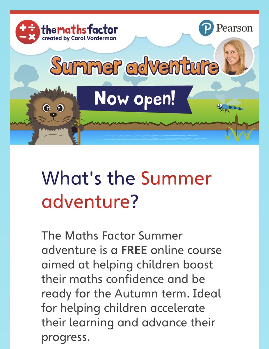 Morning 🤍
For age 4-11, our FREE Maths Summer Adventure started this week.  Open for 6 weeks, let 'Aunty Carol' guide them through their numbers, it's colourful, with virtual prizes and a lot of fun. With love from all of us ❤️❤️

themathsfactor.com/summer-adventu…