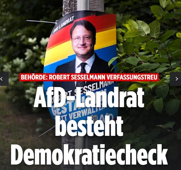 Robert #Sesselmann hat den #Demokratiecheck bestanden. Demnach ist er jetzt der einzige mir bekannte Politiker in Deutschland, der seine Verfassungstreue auch nachweisen kann. Wäre es jetzt nicht an der Zeit, diesen Check für alle in der 🚦-Regierung zur Pflicht zu machen?