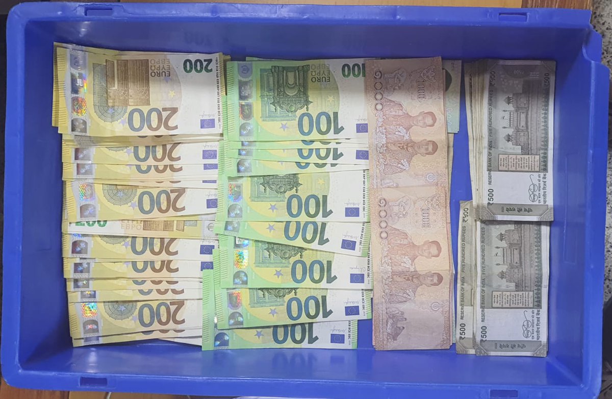 Vigilant CISF personnel apprehended a passenger carrying foreign currency  (16500 Euro & 3980Thai Baht) worth approx Rs 15 lakh concealed in his  undergarment and baggage @ IGI Airport, Delhi. The passenger was