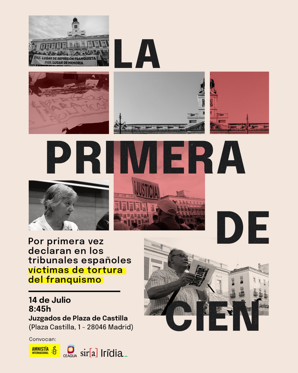 sira_centro's tweet photo. 📢 ¡Atención!

Por 1a vez el Estado español investigará un crimen de torturas del franquismo. Julio, que sufrió torturas por parte de la policía, y una testigo, declararán ante los juzgados #JusticiaEsMemoria

Queremos ser muchas acompañándolos: ¡su querella es #LaPrimeraDe100! https://t.co/BUzHI150Xf