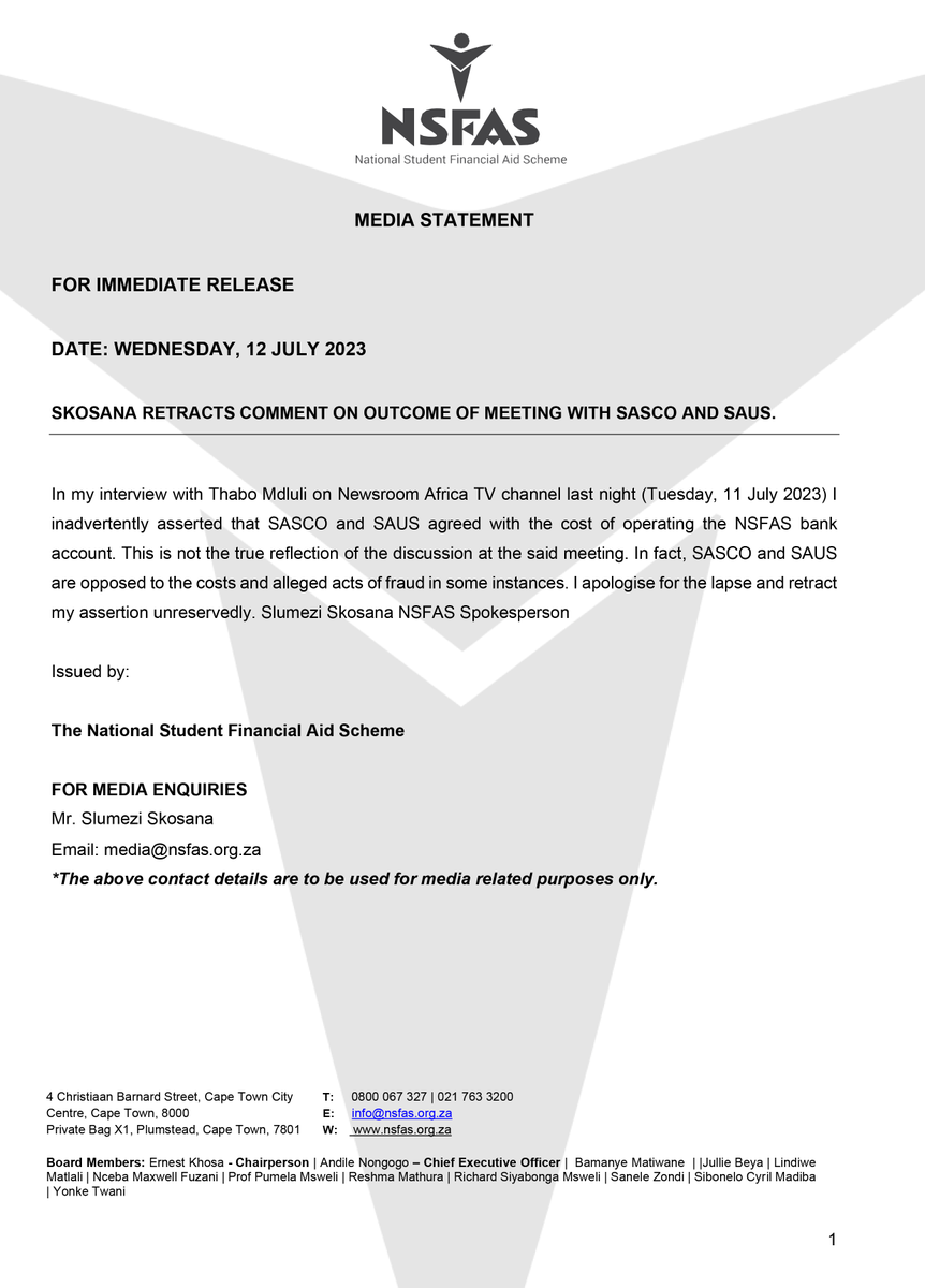 SKOSANA RETRACTS COMMENT ON OUTCOME OF MEETING WITH SASCO AND SAUS.