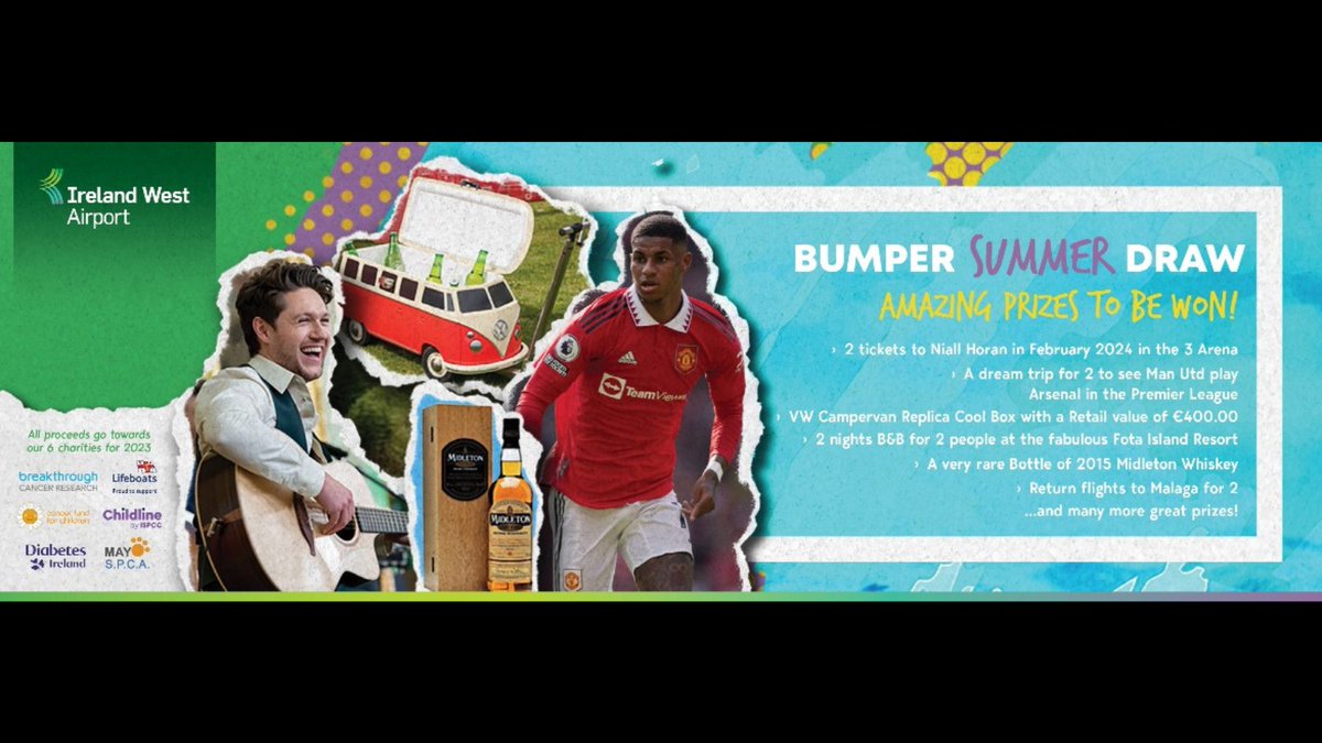 The <a href="/Irelandwest/">Ireland West Airport</a> Bumper Summer Draw is now open with a chance to win some fab prizes 😍 Tickets €5 each or 3 for €10. All proceeds go to their charity partners <a href="/BreakthroCancer/">Breakthrough Cancer Research</a> <a href="/Diabetes_ie/">Diabetes Ireland</a> <a href="/ISPCCChildline/">ISPCC</a> <a href="/CancerFundChild/">Cancer Fund for Children</a> <a href="/RNLI/">RNLI</a> &amp; <a href="/mayo_spca/">Mayo SPCA</a> 
👉irelandwestairport.com/charitydraw to enter