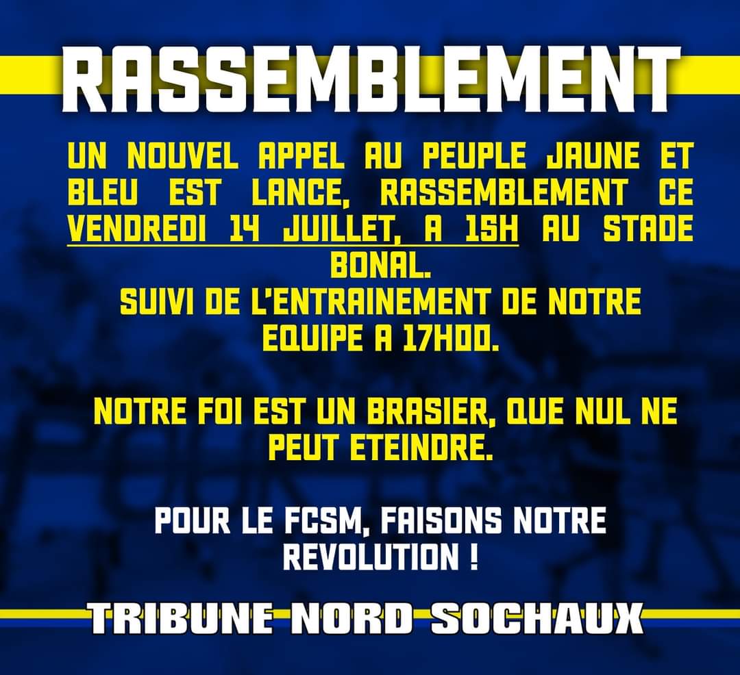 🚨 La Tribune Nord Sochaux lance un appel au rassemblement ce vendredi à 15h.
Partagez au maximum ! 
#SochauxVivra 🔥