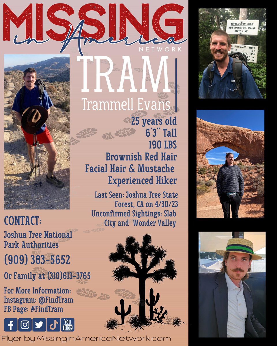 missingNamerica's tweet photo. Trammell βTRAMβ Evans π¨ MISSING π¨ #BOLO π Joshua Tree National Park, California since 4/30/23
#FindTram #MissingInAmericaNetwork πΊπΈ #MissingInCalifornia #hiking #hikecalifornia #hikejoshuatree @GurlGeekInFL @GurlGeekInFL @ArcticfoxTrue @lauri0226 @IndictPOTUS45 https://t.co/XVn9DAogTO