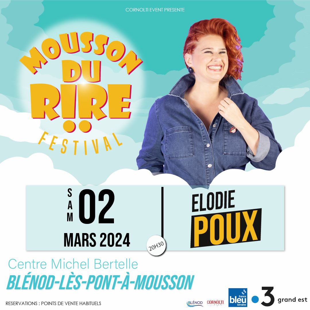 Le 2 mars 2024, nous aurons l’immense plaisir d’accueillir <a href="/ElodiePoux/">Elodie Poux</a> , qui viendra nous faire rire aux éclats et clôturera le Festival La Mousson Du Rire à Blénod (54) !
Réservations : bit.ly/3Nt5m4z