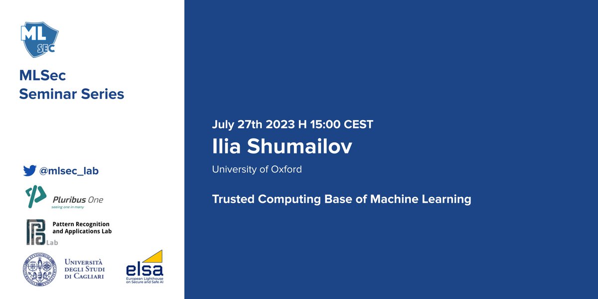 Machine Learning Security Laboratory (@mlsec_lab) on Twitter photo We are excited to present a new event for our seminar series on ML Security!
We will host <a href="/iliaishacked/">Ilia Shumailov🦔</a> (<a href="/UniofOxford/">University of Oxford</a>) on July 27, 2023 at 15:00 CEST.
Free registration: eventbrite.com/e/machine-lear…
<a href="/adversarial_ML/">Adversarial Machine Learning</a> <a href="/trustworthy_ml/">Trustworthy ML Initiative (TrustML)</a> <a href="/aivillage_dc/">AI Village @ DEF CON</a> <a href="/RedTeamVillage_/">RedTeamVillage</a> We are excited to present a new event for our seminar series on ML Security!
We will host <a href="/iliaishacked/">Ilia Shumailov🦔</a> (<a href="/UniofOxford/">University of Oxford</a>) on July 27, 2023 at 15:00 CEST.
Free registration: eventbrite.com/e/machine-lear…
<a href="/adversarial_ML/">Adversarial Machine Learning</a> <a href="/trustworthy_ml/">Trustworthy ML Initiative (TrustML)</a> <a href="/aivillage_dc/">AI Village @ DEF CON</a> <a href="/RedTeamVillage_/">RedTeamVillage</a>