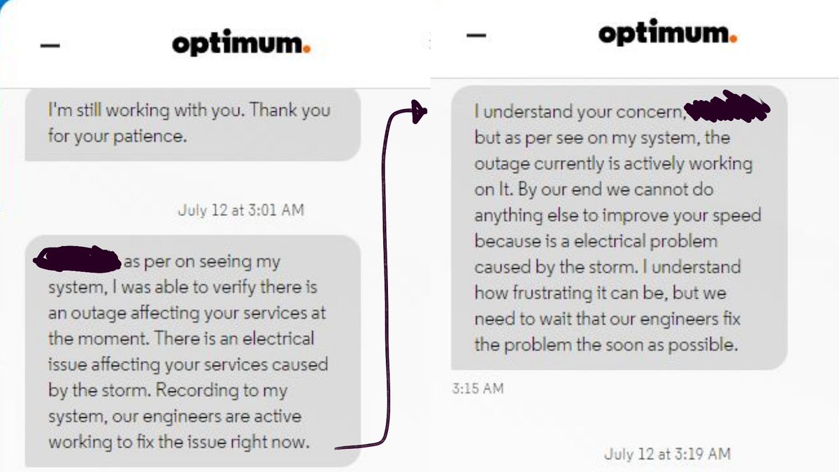 well. I went on live chat with @optimum to find the issue. The storm from *2 WEEKS* ago is apparently  the problem.

There's no estimated time frame for when it will get fixed. So i guess i'm just fucked. im at the mercy of my ISP fixing something from 2 weeks ago. https://t.co/9wt38clElg