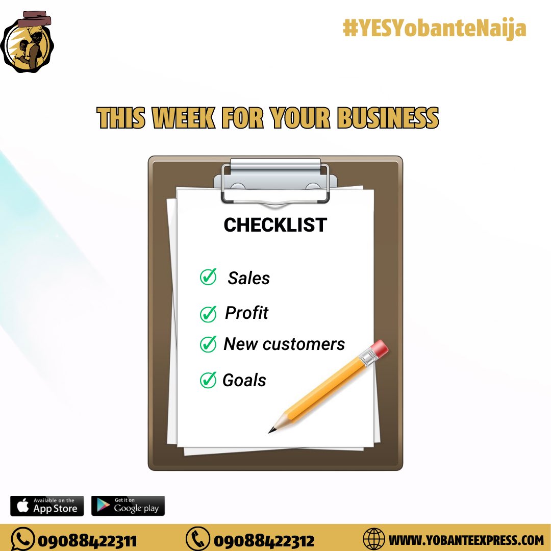 yobantenaija1's tweet image. 🚀📈 This week is all about achieving success for your business! Let&apos;s check off your checklist together and make it a week to remember. 🌟💼
📈 #BusinessSuccess #ChecklistForSuccess #YobanteExpress #Collaboration