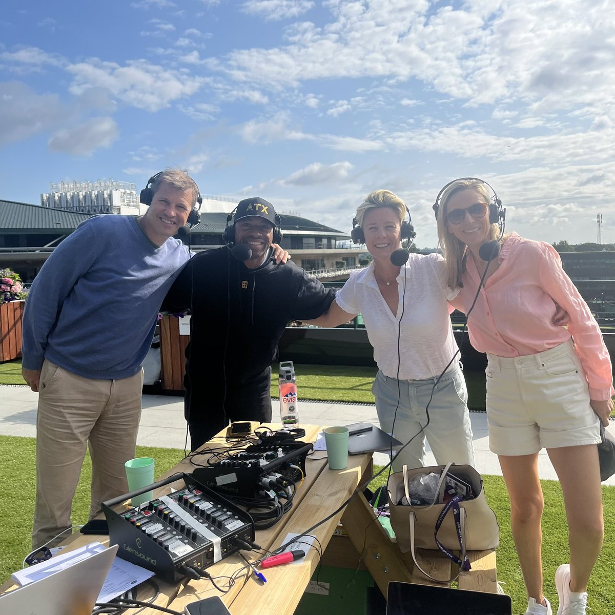 wimbledonradio's tweet photo. The action is heating up and we are here to bring you live coverage of it all 🔥

@distewart79, @nickmonroe10s, Barry Cowan &amp; Claire Curran open today's show from the broadcast centre roof ⬇️

📻 https://t.co/9nNUoYYybS
📲 Wimbledon App

#Wimbledon https://t.co/vSi9hLaqOW