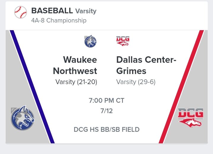 Bound Iowa (@bound_ia_) on Twitter photo π4A-8 Championshipπ
βΎ Waukee Northwest Wolves π Dallas Center-Grimes Mustangs
π
Wednesday, July 12, 2023 - 7:00 PM CT
π DCG HS BB/SB Field
πΊ lucky.lvstreamhd.com/baseball
<a href="/NWWolvesBB/">Waukee Northwest Baseball</a> <a href="/NWHSWolves/">Waukee NW Wolves Activities</a> <a href="/dcgactivities/">DCGACTIVITIES</a> <a href="/DCGHS/">DCG High School</a> <a href="/DCGDistrict/">Dallas Center-Grimes</a> <a href="/ClubDcg/">DCG Booster Club</a> π4A-8 Championshipπ
βΎ Waukee Northwest Wolves π Dallas Center-Grimes Mustangs
π
Wednesday, July 12, 2023 - 7:00 PM CT
π DCG HS BB/SB Field
πΊ lucky.lvstreamhd.com/baseball
<a href="/NWWolvesBB/">Waukee Northwest Baseball</a> <a href="/NWHSWolves/">Waukee NW Wolves Activities</a> <a href="/dcgactivities/">DCGACTIVITIES</a> <a href="/DCGHS/">DCG High School</a> <a href="/DCGDistrict/">Dallas Center-Grimes</a> <a href="/ClubDcg/">DCG Booster Club</a>