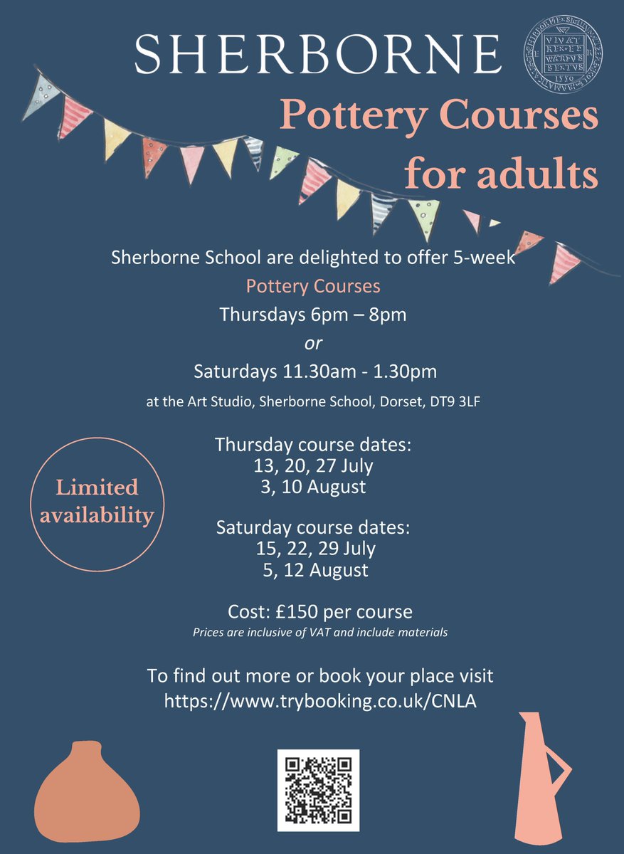 There are still a few places available for our pottery classes at Sherborne School this summer. All abilities are welcome, and no prior knowledge or experience is necessary.
To book your place please visit  trybooking.co.uk/CNLA
#sherborne #sherborneschool